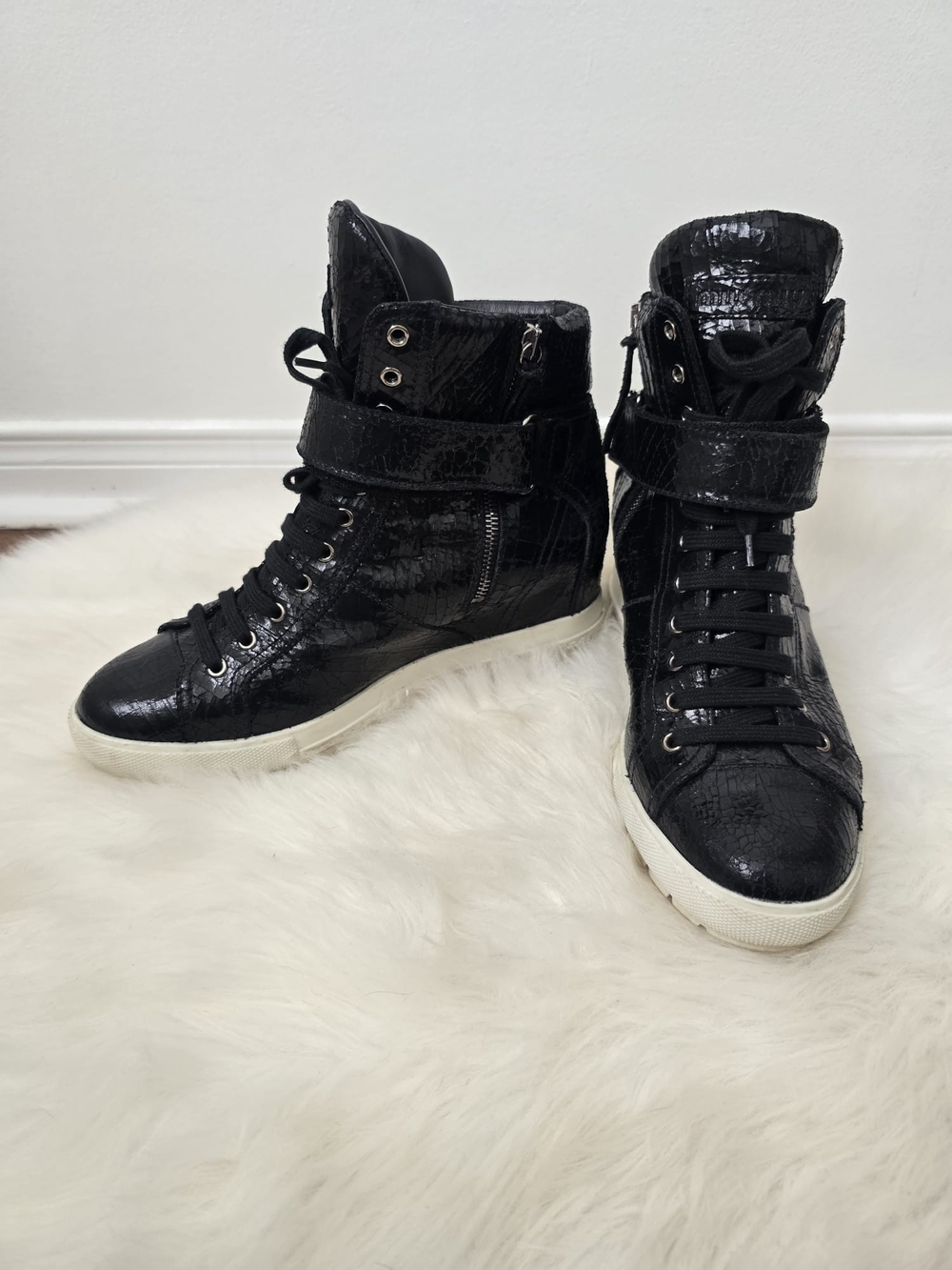 Miu Miu Crackle Leather Wedge High Top Sneakers | Booties